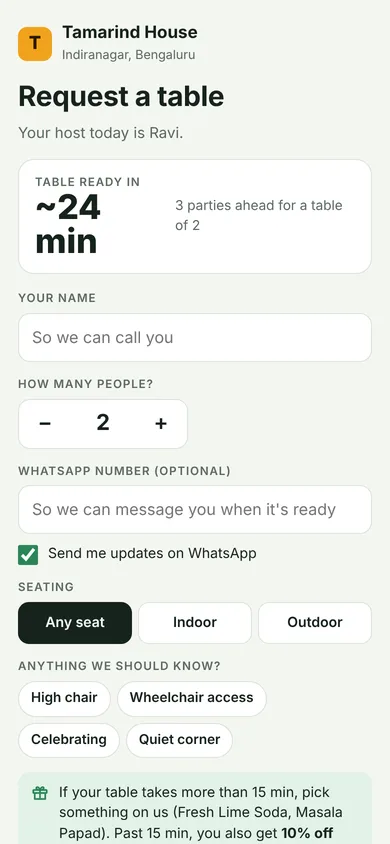 Request a table page: table ready in about 24 minutes, name, party size and WhatsApp number
